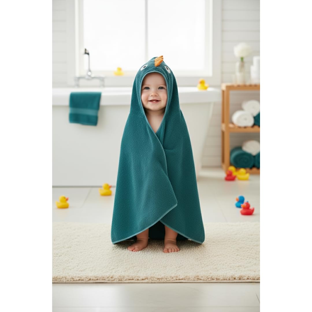 Serviette de bain à capuche pour enfants, motif dinosaure, 100 % coton, douce et absorbante, pour bain, plage et piscine, bleu sarcelle