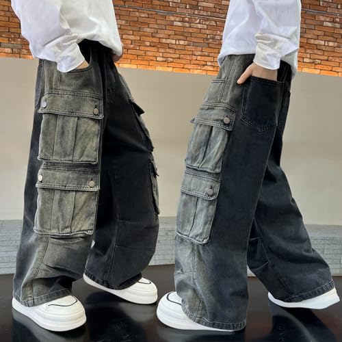 Kids Boys Cargo Jeans Casual Baggy Wide Leg Jeans Loose Trousers Toddler Distressed Demin Pants with (Black, 7-8 Years)3
