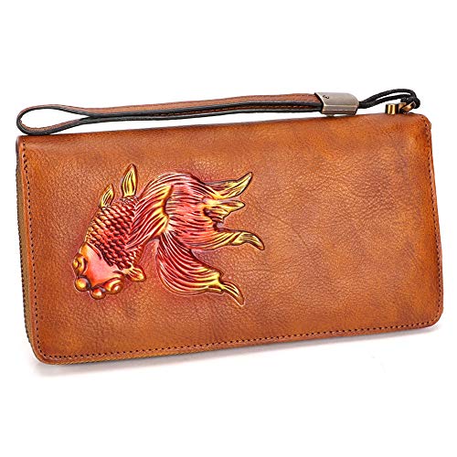 Genuine Leather Wallet for Women Zipper Around Long Purse Vintage Handmade Cowhide Clutch (Brown)