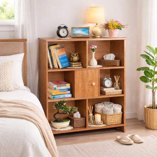 Image of 7 Cube Storage Organizer Wooden Bookshelf, 7 Cube Shelf Bookcase, Small Bookshelf Storage Organizer, 7 Cube Storage Shelf for Bedroom, Small Bookshelf for Living Room and Office (Natural, 7)