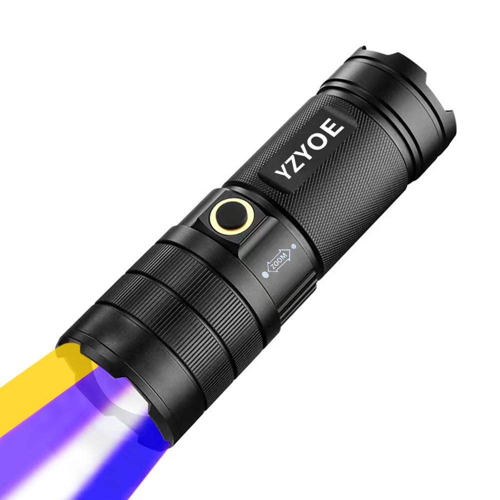 YZYOE LED Rechargeable Enhanced Brightness White Yellow Blue Purple Four-Color Light Source Flashlight, 395NM Black Light UV Flashlights, Blood Tracking Lamp for Hunting, 4 Modes.
