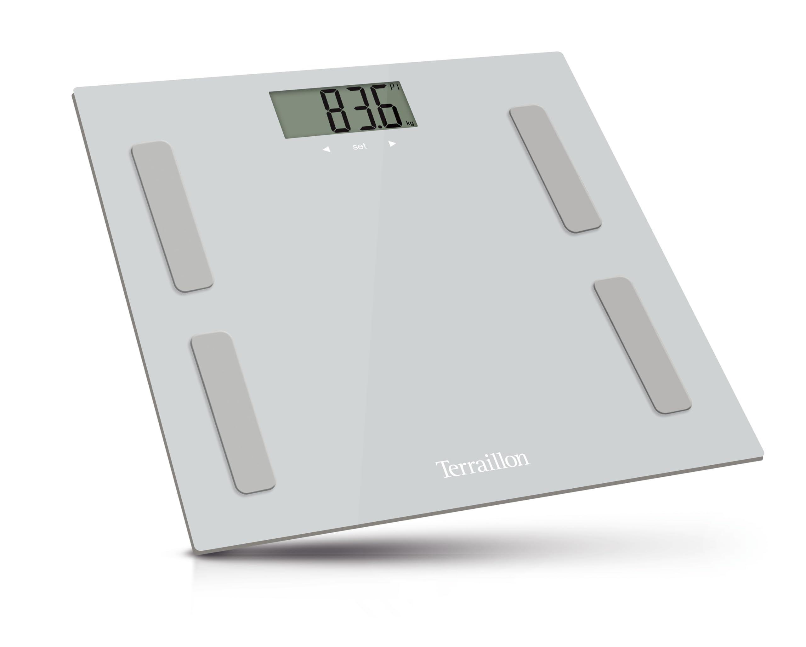 TERRAILLON - BODY CONNECT - Bilancia connessa Bluetooth, Impedenzometro, Analisi di massa grassa, muscolare, idrica, ossea e viscerale, BMI, Capacità 160 kg, Vassoio in vetro, Grigio