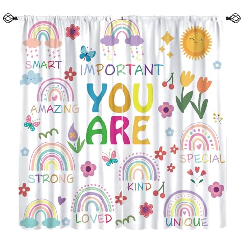 Rainbow Curtains, Quotes Inspirational Positive Rainbow Hippie Flower Blackout Window Treatments, Rod Pocket Thermal Insulated Drapes 2 Panel Sets for Kids Bedroom Nursery Classroom, 42