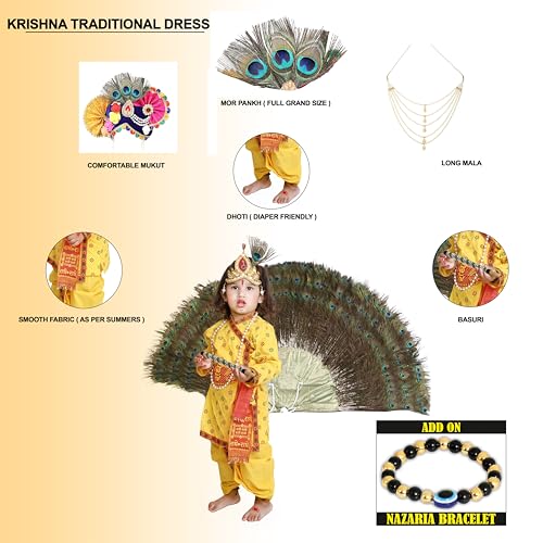 Image of Krishna Dress for Kids, Baby Krishna Dress for Janmashtami with Krishna Mukut, Peacock Feather & Flute Embroidered Krishna Costume for Girl & Boy, 3 Months-8 Years