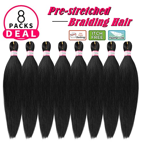 Pre Stretched Braiding Hair 8 Packs 18 Inch Professional Hair For Braiding Easy To Twist Crochet Braids Hot Water Setting Yaki Straight Synthetic Hair Extensions (#1B) #TOP1