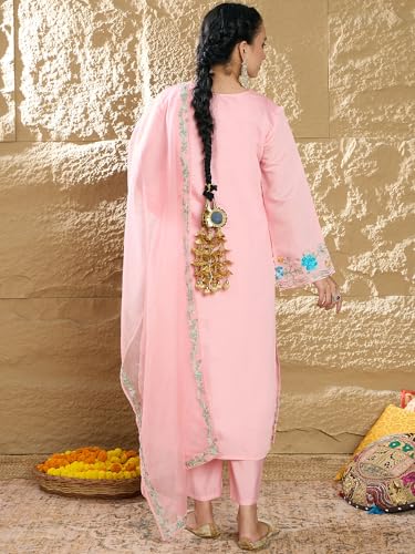 Image of INDO ERA Womens Silk Blend Embroidered Straight Kurta Pant Dupatta Set (IESTR6713)