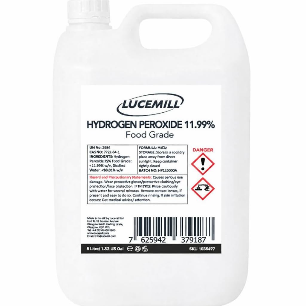 Lucemill Hydrogen Peroxide 11.99% Food Grade I 5 Litre I Liquid Hydrogen Peroxide Food Grade I Unstabilised I Eco Friendly I Additive Free