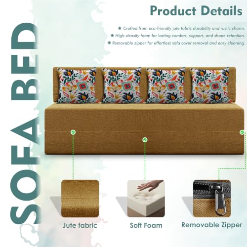 Image of Los Angeles Foldable Four Seater Sofa Cum Bed, Sofa Bed 6 X 6 Feet Jute Fabric Washable Cover- Including Cushion Perfect for Living Room - Golden