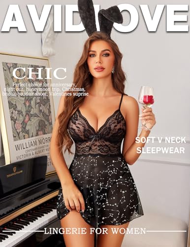 Image of Avidlove Women Lingerie Lace Babydoll Strap Chemise Halter Teddy V Neck Sleepwear