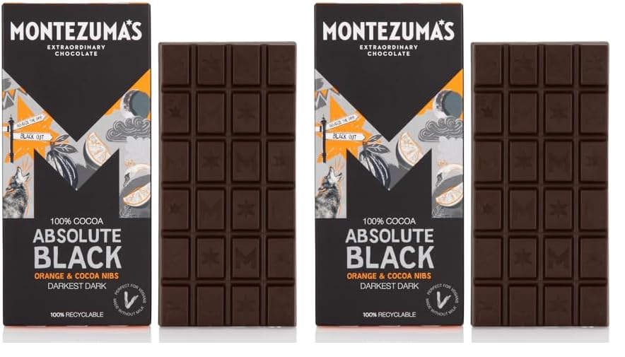 Montezuma's Absolute Black, 100% Cocoa, Dark Chocolate Orange & Cocoa Nibs, Gluten Free & Naturally Vegan, 90g Bar (Pack of 2)