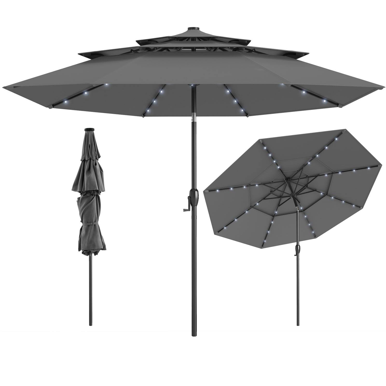 COSTWAY Parasol przeciwsłoneczny z oświetleniem solarnym LED, 300 cm, odporny na wiatr, stabilny, parasol tarasowy z korbą, obustronnie zginany o 35°, parasol balkonowy, do ogrodu, na balkon, antracyt