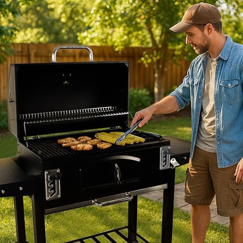 Image of Grill Boss Charcoal Grill with Large 32-Inch Cooking Area - Includes Warming Rack, Side Shelves, Bottom Storage and Wheels for Outdoor BBQ, Tailgating, Camping & Backyard Grilling