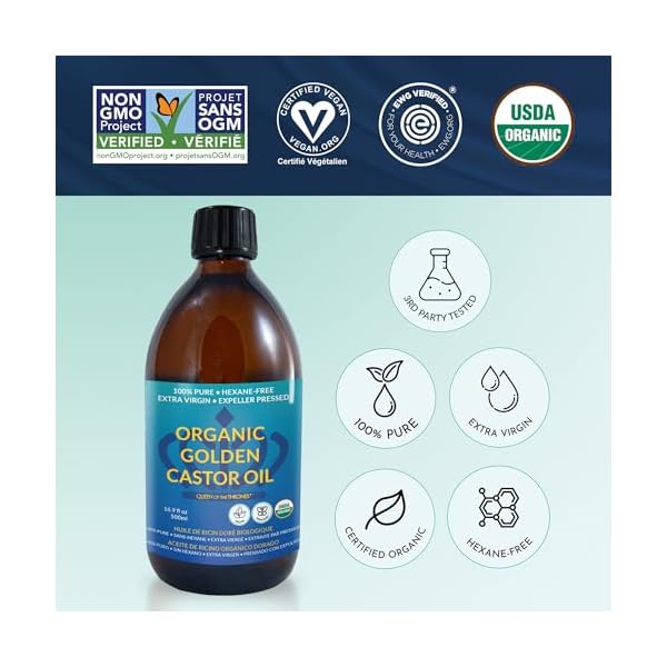 QUEEN OF THE THRONES Organic Golden Castor Oil - 500mL (16.9oz) | 100% Pure & Expeller-Pressed for Hair, Skin & Digestion | Hexane Free | USDA Certified - Image 3