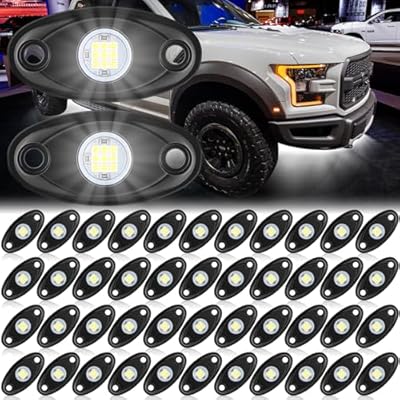 Glooglitter 48 Pods White Rock Lights Waterproof Shockproof Lighting Ambient Automotive LED Underglow Lights Underbody Trailer Lamp for Vehicles Car Trucks Motorcycle Boat ATV UTV SUV