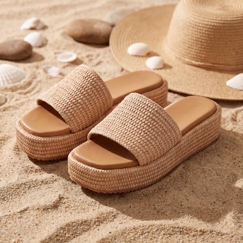 Image of Monrovia Platform Sandals Women Raffia Espadrille Slides, Woven Straw Flatform Beach Sandals Women, Slip On Summer Vacation Shoes, Comfortable Casual Daily Wear