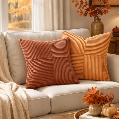 Image of MIULEE Burnt Orange Decorative Lumbar Throw Pillow Covers 12x20 Inch for Couch Bed Sofa Pack of 2 Boho Fall Farmhouse Throw Pillows Soft Cross Corduroy Patchwork Textured Cushion Cases