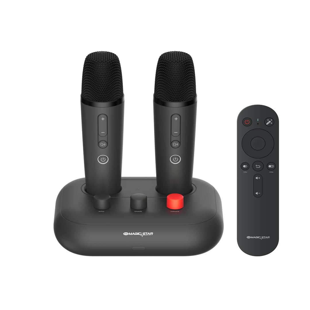 D'MAESTRO MS-A15 Android Karaoke System with 2 rechargeable wireless microphones and more than 14,500 built-in karaoke songs in different languages. Smooth operation with Android 11.