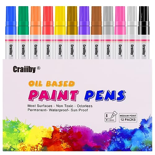 Image of Paint Markers, 12 Pack Oil-Based Waterproof Quick Dry Permanent Paint Pen Set for Rocks Painting, Wood, Fabric, Plastic, Canvas, Glass, Mugs, Metal, Tire, Stone, DIY Craft