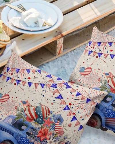 Pack of 2 Outdoor Pillow Covers 4th of July Throw Pillow Covers Decorative Outdoor Pillows Waterproof Outdoor Cushions for Patio Couch Garden Bench Tent Bed Sofa 18x18 Inch Blue Truck Carrying Poppies