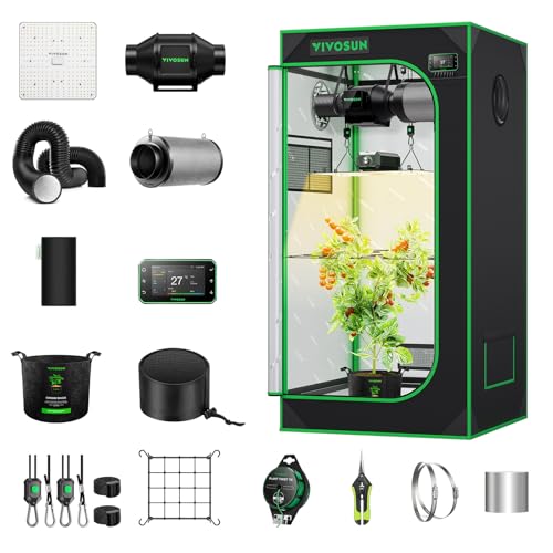 VIVOSUN Smart Growzelt Komplettset 60x60x120cm WLAN-integriertes automatisches Grow-System mit 100W Vollspektrum-LED-Pflanzenlampe und effizientem Belüftungssystem mit GrowHub E42A+ Controller