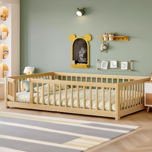 Bellemave Full Size Montessori Floor Bed Frame with Rails & Door, Solid Wood Kids Floor Bed Full with Removable Slats, Low Profile Montessori Bed for Children’s Sleep & Play, Natural