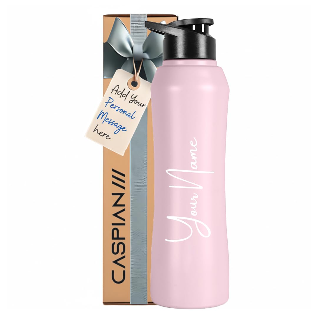 CASPIAN /// Trek Customised Stainless Steel Water Bottle 1L, Pink with Logo Print - Personalised Water Bottle with Your Name Print for Kids Boys Girls School Office Gym- Perfect for Corporate Gifting
