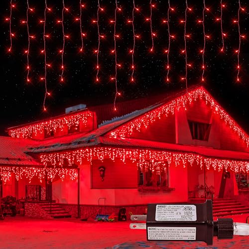 oopswow Red Christmas Icicle Lights 300 LED 33FT Icicle Curtain Lights
