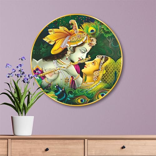 Image of SAF Radha Krishna Round Wall Painting with Golden Frame | Romantic Hindu Spiritual Wall Art | Divine Love Religious Home Decor for Living Room Bedroom Pooja Room Office (23 X 23 Inch) GR-255