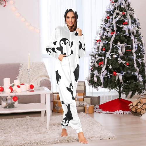 Pijama de pingüino blanco con capucha y cremallera para invierno 6