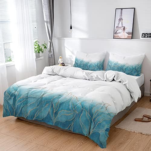 Golden Lines Leaf on Watercolor Art Duvet Covers Set, 4 Pieces Soft Comforter Cover California King Bedding Set with 2 Decorative Pillow Shams for Kids/Adults/Teens Bedroom Ombre Gradient