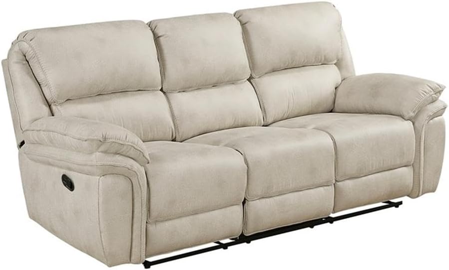 Pemberly Row Polished Microfiber Double Reclining Sofa, Sand Upholstery, Dual Tab-Pull Recliners, Solid Wood and Plywood Frame, Foam Over Pocket Coils, Seats 3+, 900 lb Capacity, Living Room Furniture