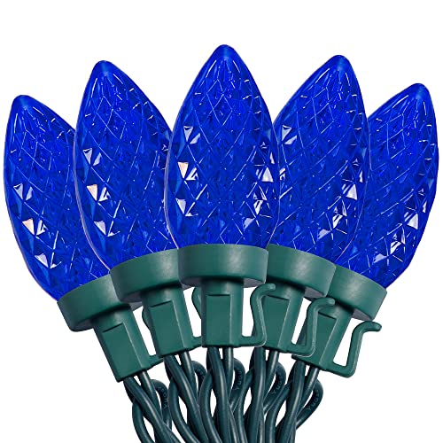 C9 Christmas Lights, 50 LEDs 24.5FT Faceted String Lights Connectable Commercial Grade Indoor Outdoor, 120V UL Certified Xmas Strawberry Tree Light Strand for Halloween Garden Patio Parties, Blue