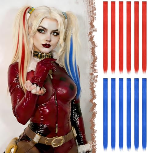 FESHFEN Extension Capelli Colorati Clip - 12 Pezzi Ciocche Capelli Blu e Rosso Colorate Extensions con clip per Carnevale e Feste per Donna, 55 cm