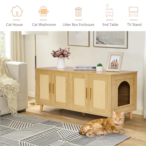 Homhedy Boho Cat Litter Box Enclosure for 2 Cats, Wooden Cat Washroom Furniture with Double Rattan Decorated Doors, Pet House,47.2”L x 19.7”W x 21.7”H, Natural