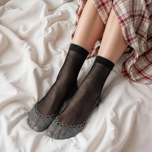 Image of 10 Pairs Sheer Socks for Women, Sheer Ankle Stocking | Anti-Slip Ankle High Nylons with Cotton Sock Bottom for Women