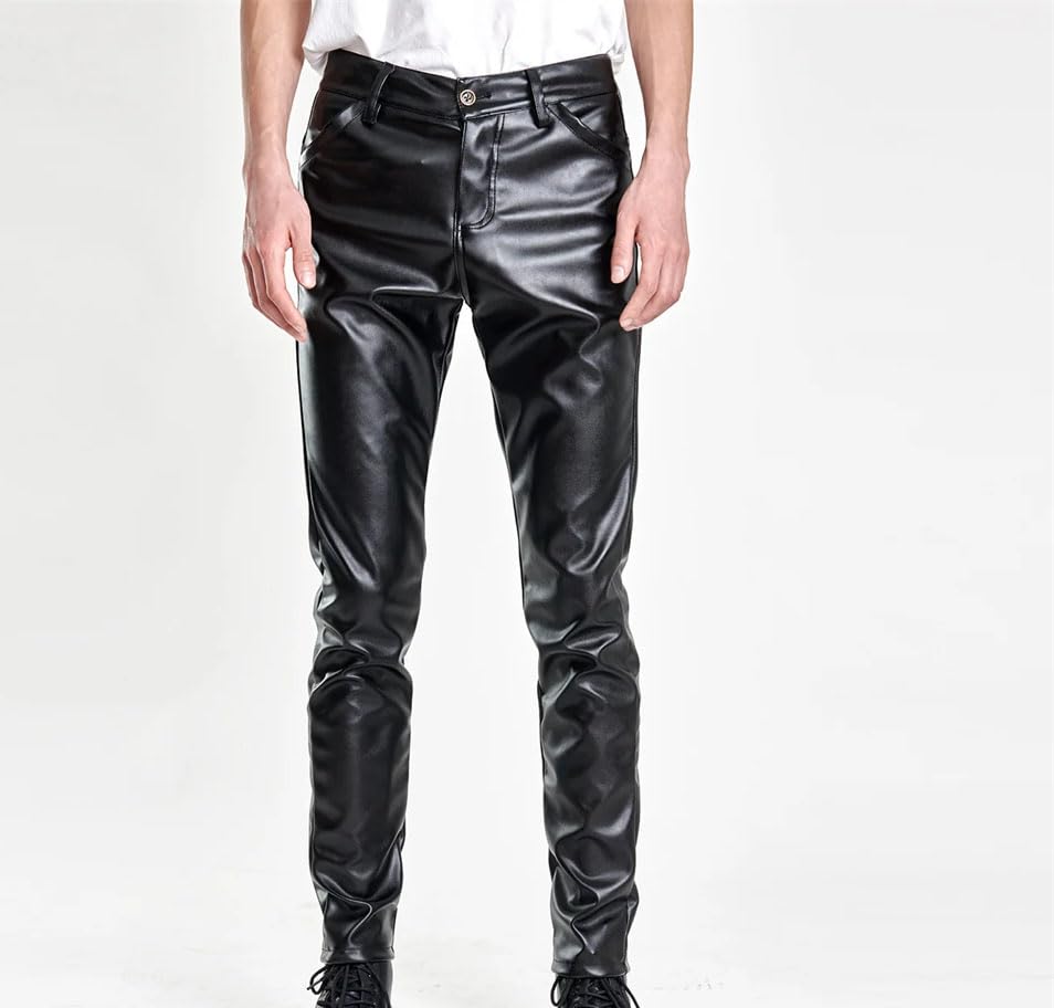 Men's PU Leather Pants Slim Fit Breathable Youth Style Casual Trousers2