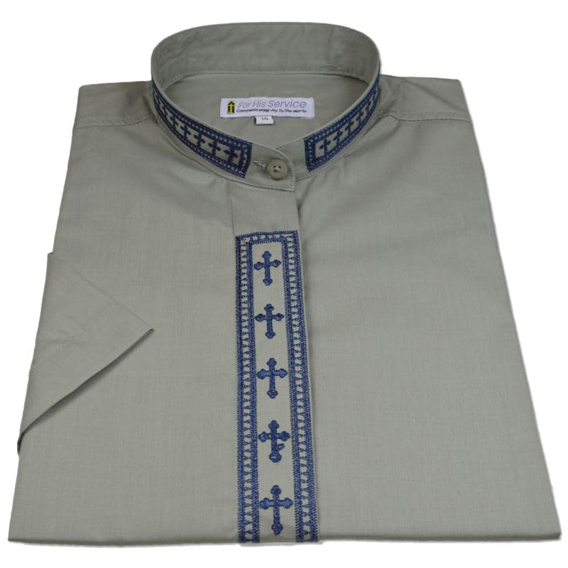 Clergy Shirt for Men with Embroidered Collar Short Sleeves - Main Image