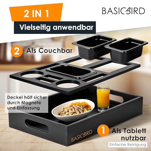 BASICBIRD® Couchbar Snackbox - Organizer Tablett- Snackspender mit 3X Snackschale - Holz Sofatablett für Sofa, Deko, Couch Bar mit Getränkehalter und Fächern – Wohnmobilausstattung (Black Edition)