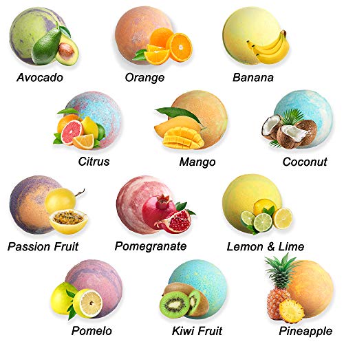 Tropical Fruit Bath Fizzies Set - 12 Large Bubble Bathbombs With Natural Essential Oils In Fruity Scents - Vegan Fizzy Bath Bombs Has Moisturizing Shea Butter And Coconut Oil #TOP2