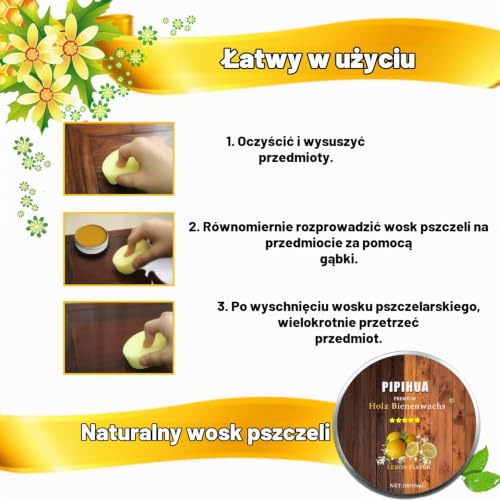 Pielęgnacja mebli, wosk pszczeli, naturalna pielęgnacja drewna, wosk pszczeli, wodoszczelny, odporny na ścieranie do pielęgnacji mebli i ochrony drewna mebli drewnianych, środek do polerowania drewna i mebli, 2 x 100 g z 3 gąbkami (cytryna)
