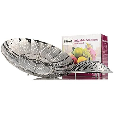 LIHAO Dünsteinsatz Edelstahl Dämpfkorb Gemüsedämpfer Faltbar Obst Körbchen Silber Ton Cover