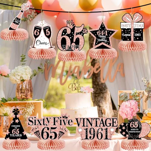 Image of 9Pcs 65th Birthday Decorations Honeycomb Centerpieces for Women, Rose Gold Pink Happy 65th Birthday Centerpieces Tables Toppers Party Decorations Supplies, Vintage 1961 Aged Table Sign Decor