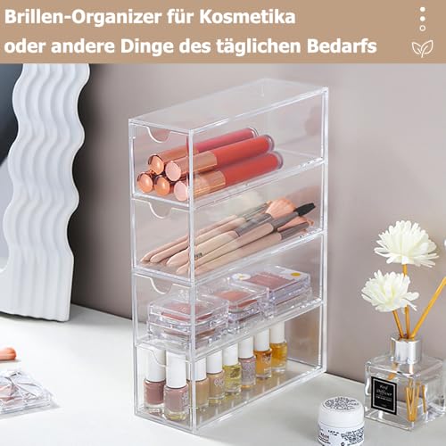 Sonnenbrillen Aufbewahrung aus Acry mit 4 Brillen Organizer Schublade, Verdickter Brillenständer für Uhren Ketten Brillen Kosmetika Lesebrillen Transparent 24.6 x17.5 x 6.5 cm