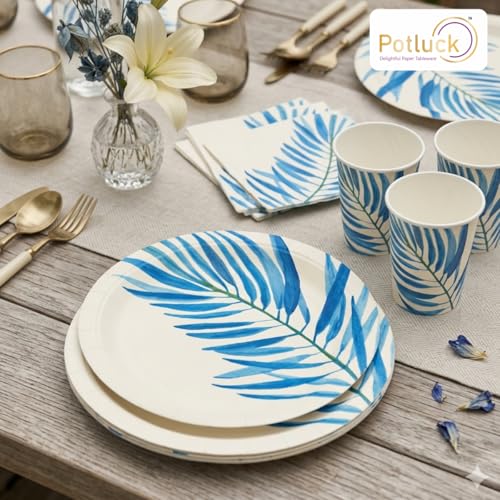Image of Potluck Blue Leaf Disposable Paper Plates | Pack of 10 Plates | 9 Inch Food Safe, Sturdy, Leak Free Plates for Parties, Events, Birthdays, Festive Celebrations |Snacks & Meal Serving Pack