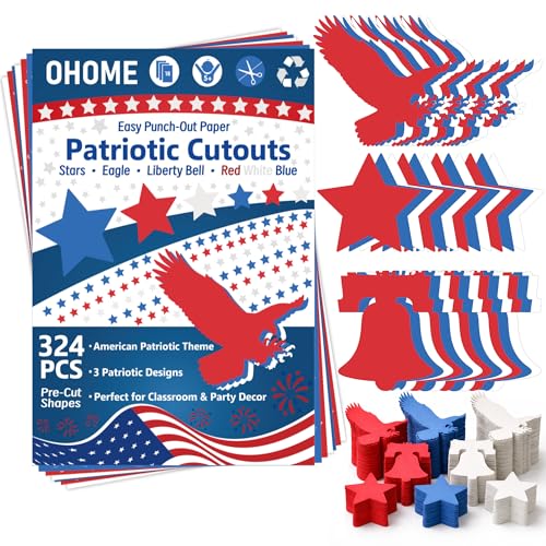 4th of July Decorations - 324 PCS Red White Blue Paper Star Eagle Liberty Bell Shape Cutouts Pre-Cut Set - Fourth of July Accessories, Patriotic Party Supplies Decor,250th Anniversary USA Merchandise