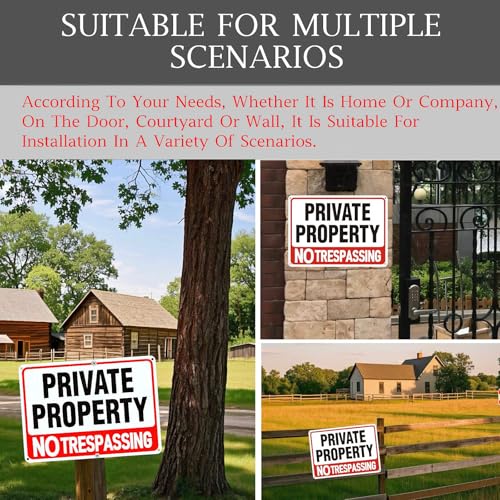Image of 4 Pack large No Trespassing Signs Private Property, 12x8 In Aluminum Sign | Reflective aluminum signs, which are weather - resistant and easy to install, are suitable for courtyards, gates and fences