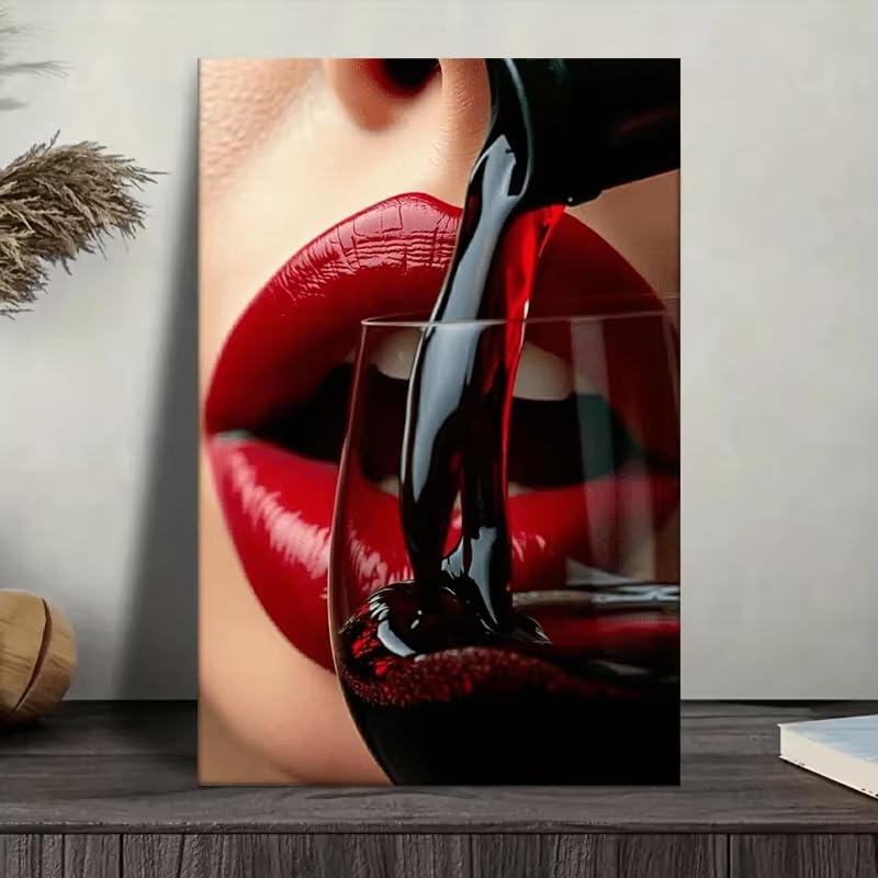 Toile moderne lèvres rouges et vin grand format 40x60cm sans cadre