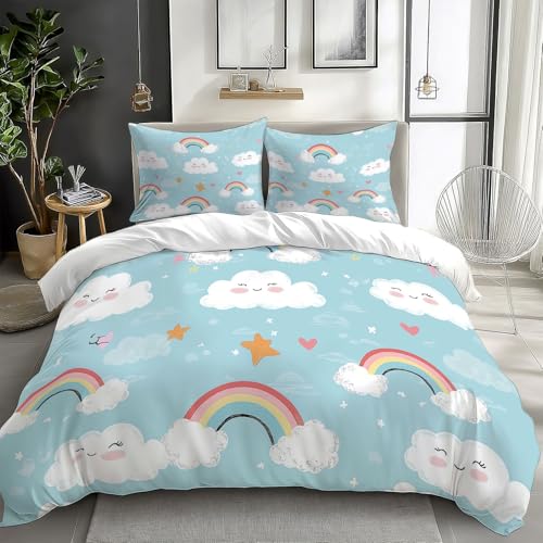Duvet Cover King Size Cartoon Cloud Rainbow Reversible 3 Pieces Duvet Cover Set, Bedding Set for All Season, Soft and Breathable Bedding Set with Zipper Closure