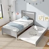 Giantex Trundle Bed Twin, Wood Day Bed Frame with Headboard & Footboard, Wooden Slats Support, Pull Out Bed, Twin Bed with Trundle for Kids Teens Adults, Grey