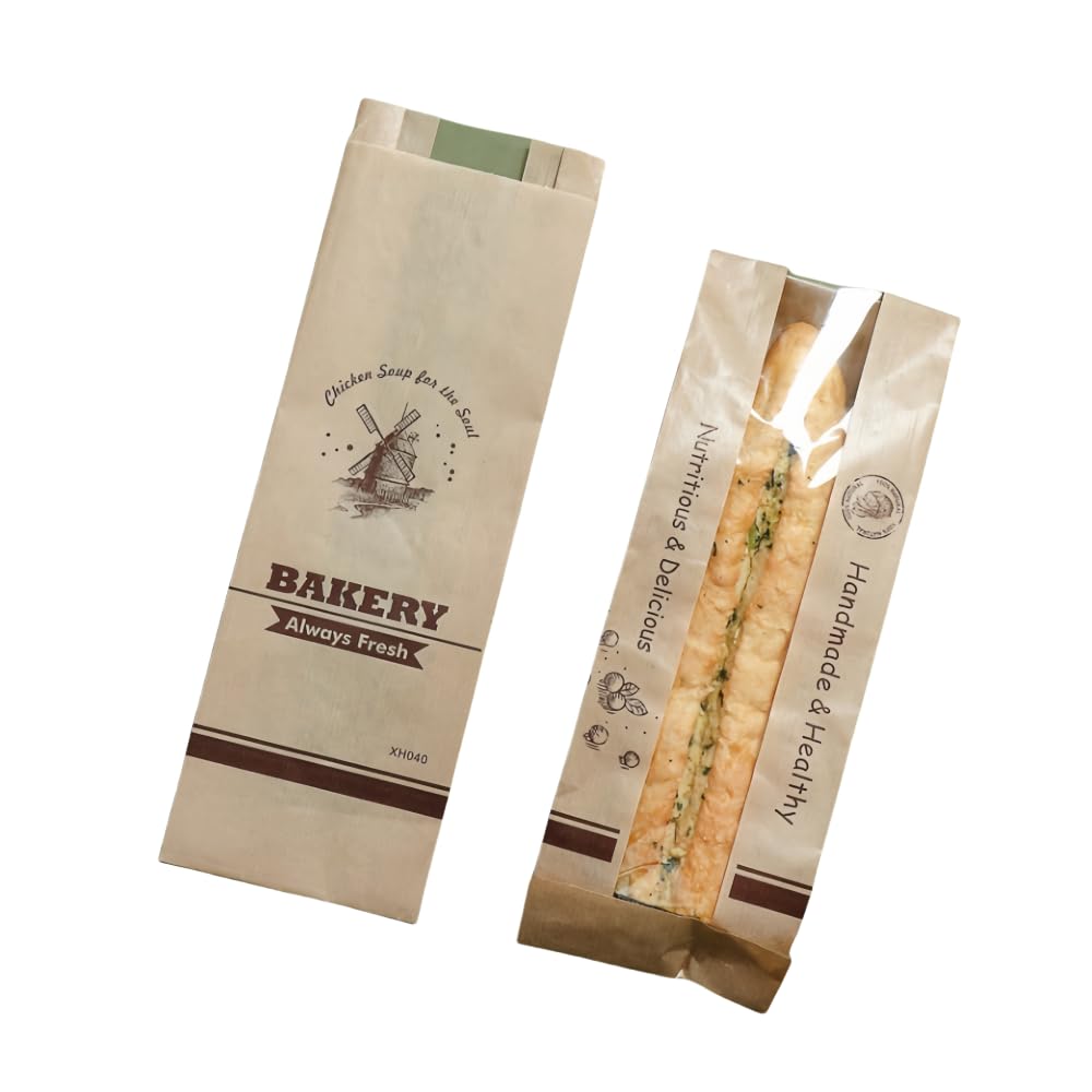 50 Pieces French Baguette Paper Bags with Window,13"Baguette Bags,Paper Bags with Window,Clear Bread Bags,Heat Seal Bags Packaging for Baked Goods,Bread Packaging (Brown pattern)
